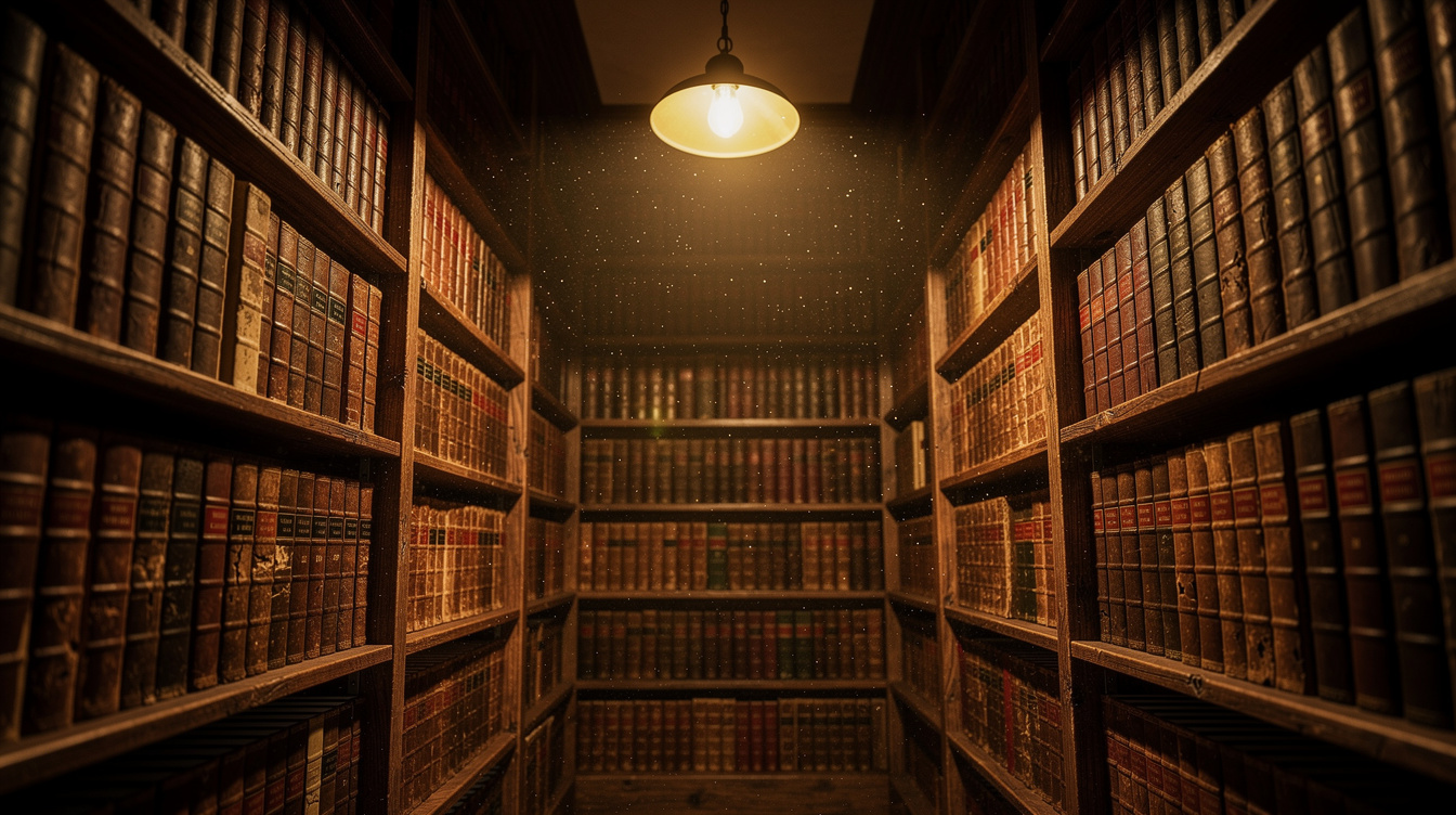 Tall wooden shelves filled with old books in a dim library