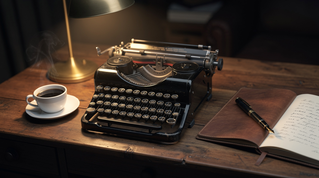 Vintage typewriter with a notebook, fountain pen and coffee cup on a wooden desk