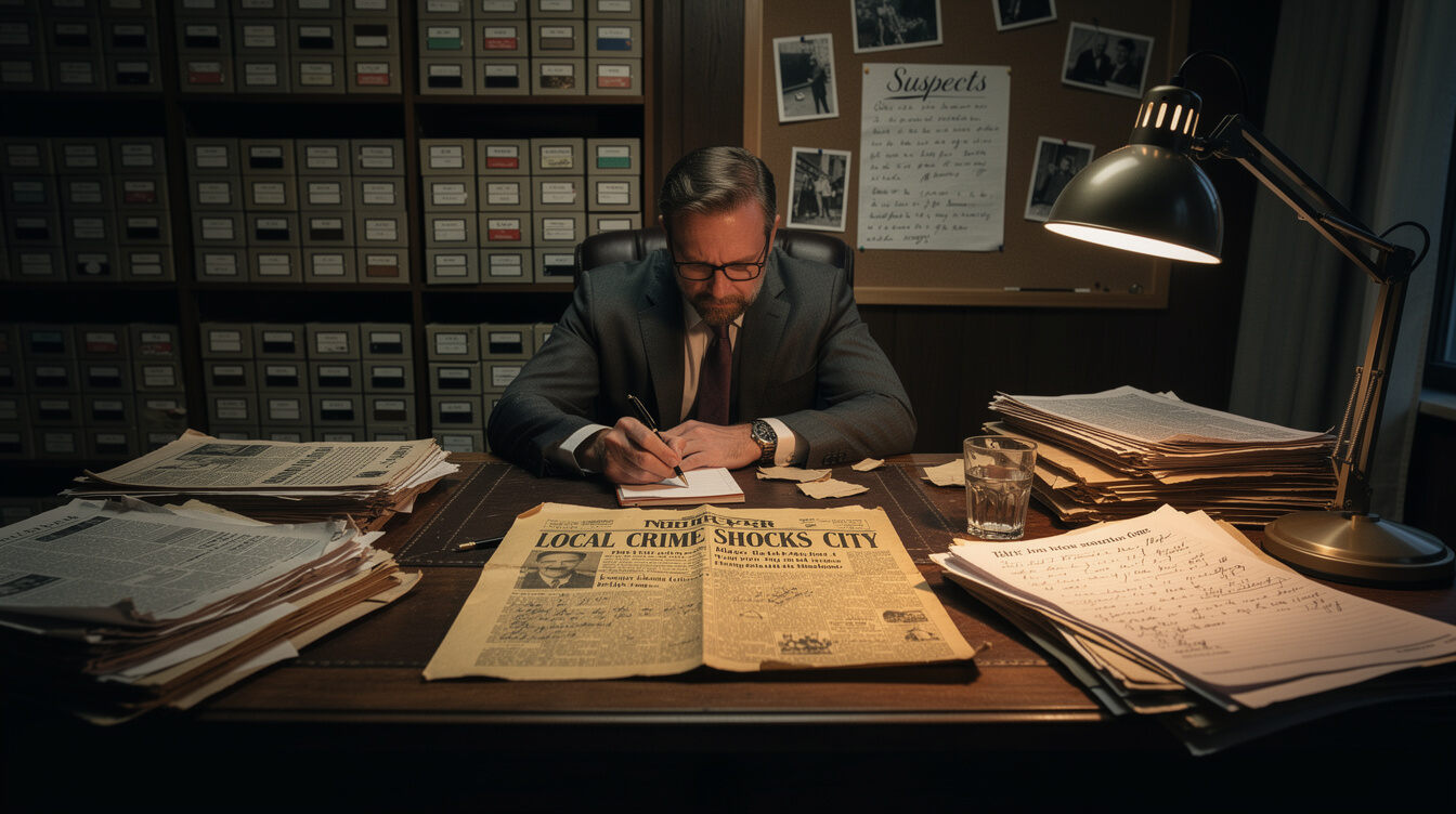 mystery writer at desk with papers