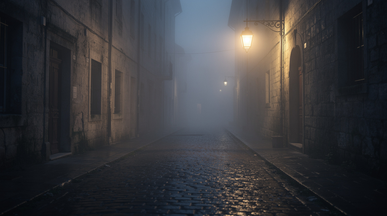Foggy old European town street at night with a single lit lantern