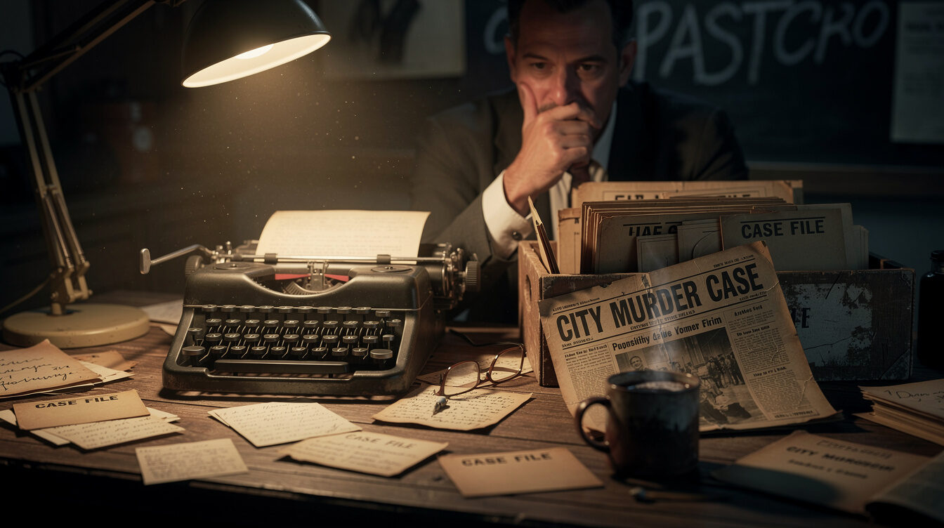 mystery writer desk with notes