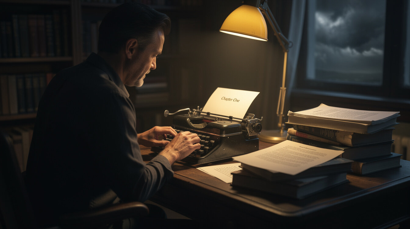 mystery writer at desk